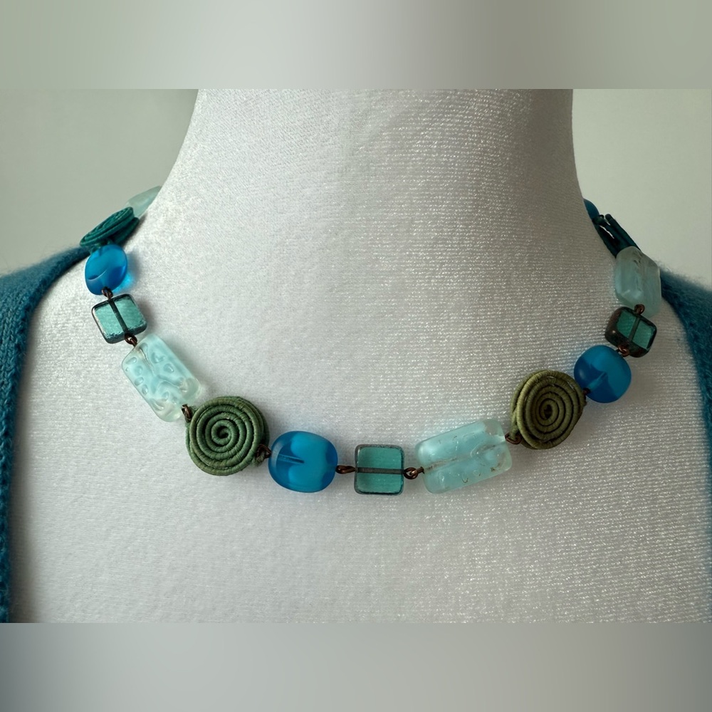 Elegant Green/ Blue Beaded Necklace - purchased in Paris years ago - like new!